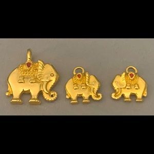 3-PC Gold Tone Elephant Charms with Red Rhinestone Detail. Gift Box Included.